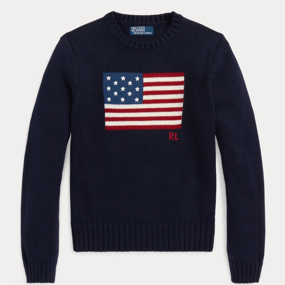 Polo by Ralph Lauren Blue and Red Crewneck Sweater with Flag Design